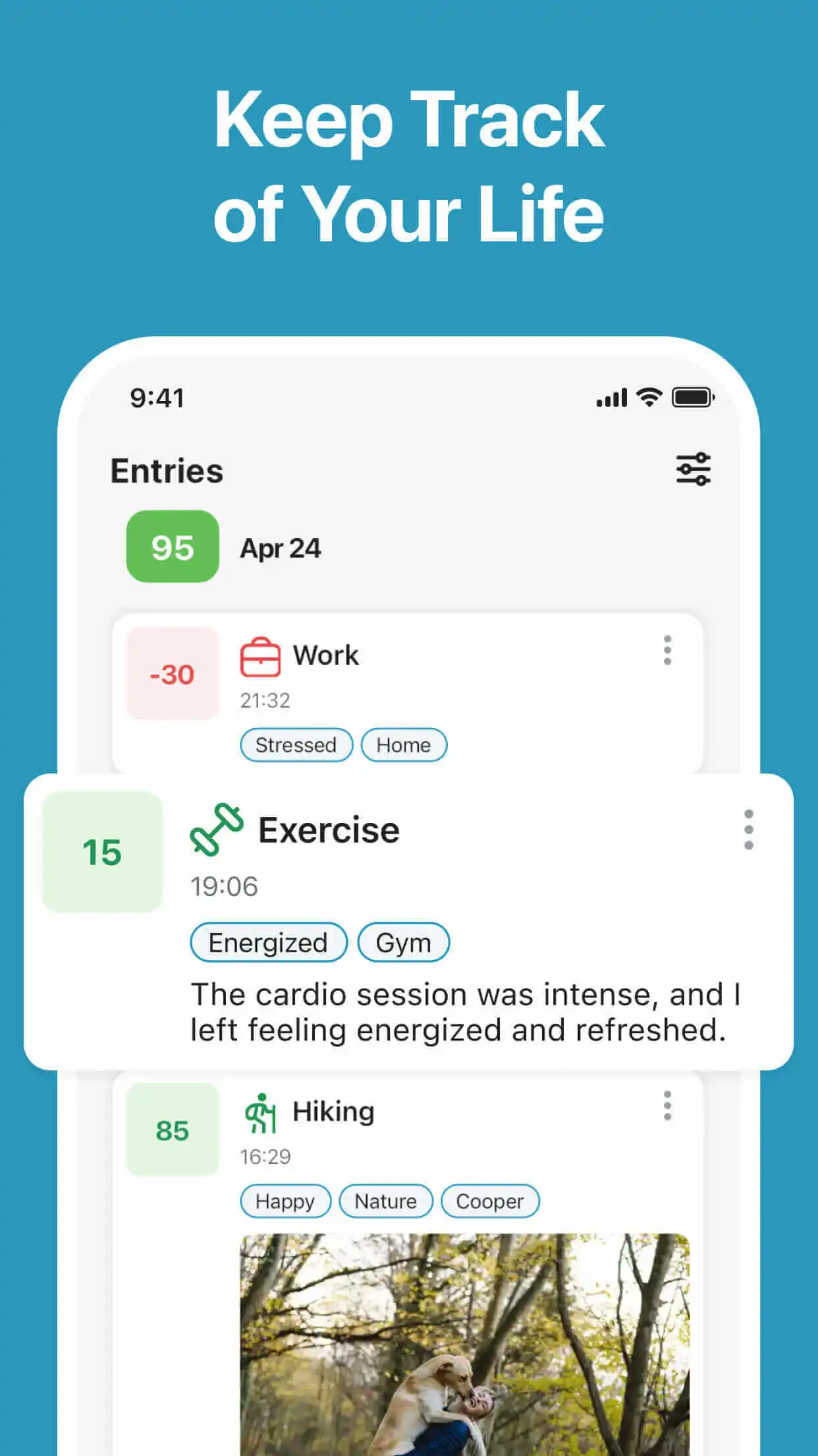 Emotly entries timeline showing daily mood entries with activities and notes
